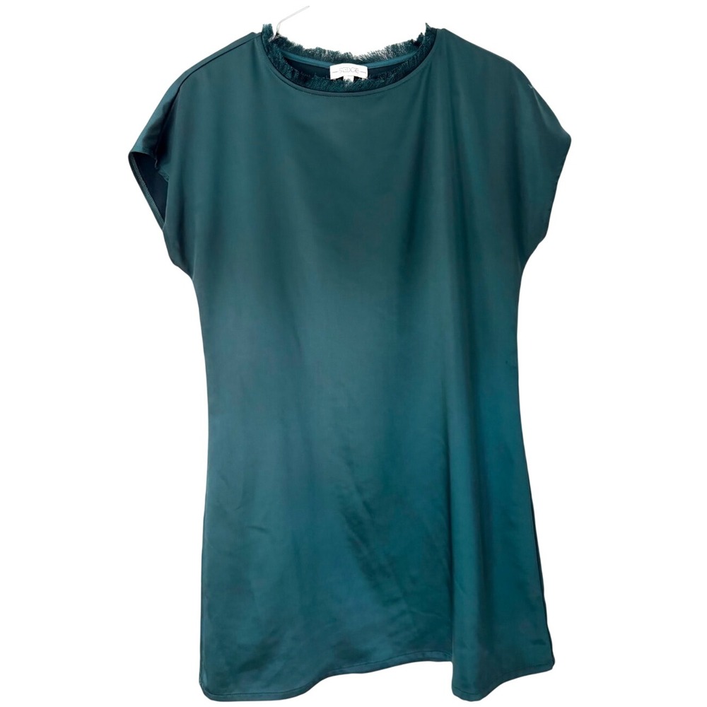 S'EDGE Womens Teal Green Satin Blouse Eyelash Fringe Trim Cap Sleeve Top XS